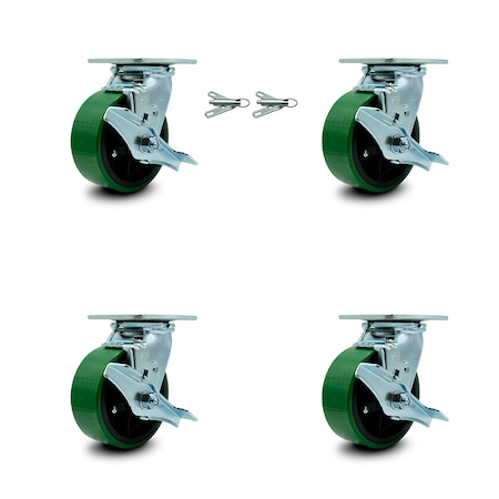 Service Caster 5 Inch Green Poly on Steel Caster Set with Ball Bearings 4 Brake 2 Swivel Lock SCC-30CS520-PUB-GB-TLB-BSL-2-TLB-2
